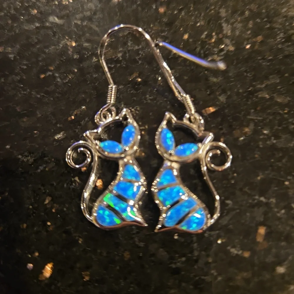 Created Blue Opaline Cat Earrings Sterling Silver Kitty Stylized Dangle …